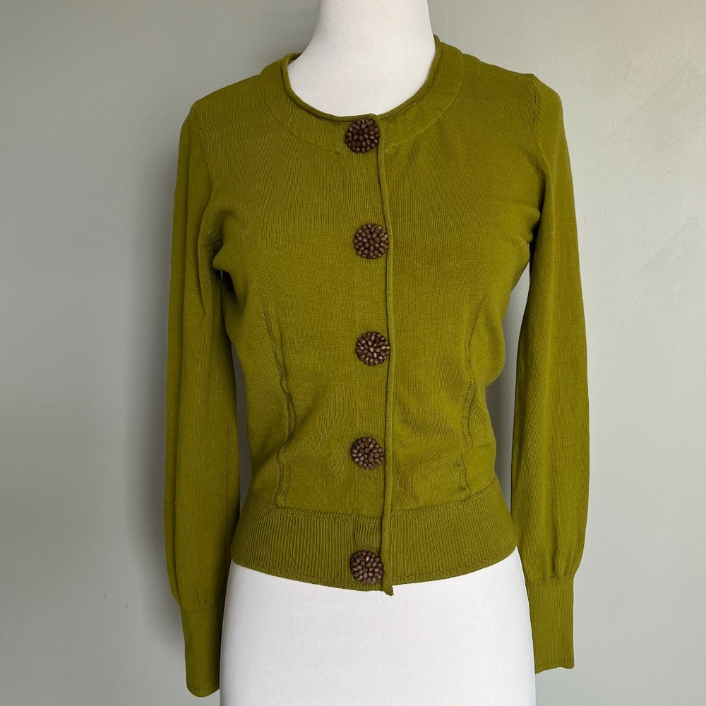 Milly Green Wooden Embellished Button Down Long Sleeve Cocktail Sweater Top Smal